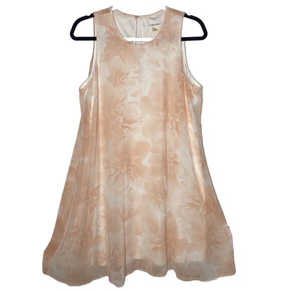 Calvin Klein Dress Womens 12 Pink Floral A-Line Sleeveless Sheer Overlay White - Picture 1 of 8